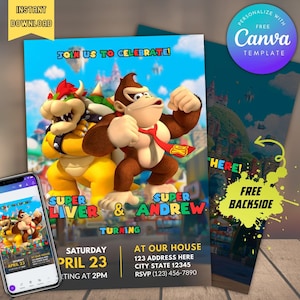 Bearbeitbar Donkey kong und bowser Geschwister Geburtstag Gemeinsame Party Einladung mit Rückseite sofort-download, Zwillinge druckbare und digitale Einladung