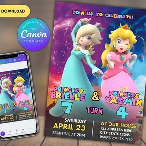 Zaproszenie na urodziny rodzeństwa Rosalina i Peach | Wspólne zaproszenie na urodziny, Zaproszenie na urodziny bliźniaków, Edytowalne zaproszenie na urodziny do wydrukowania