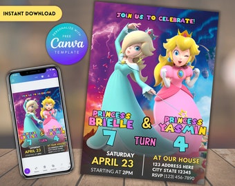Rosalina and Peach Birthday Invitation: Sibling Joint Birthday (Editable Canva Template)