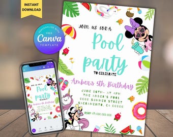 Minnie Mouse Pool Party Invitation: Editable Waterslide Birthday Invites (Digital)