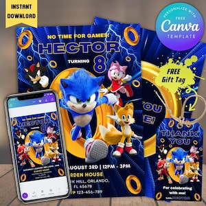 Convite editável para festa de aniversário do Sonic com verso + etiqueta de agradecimento, convite de aniversário de desenho animado, convite para celular de aniversário, convite digital