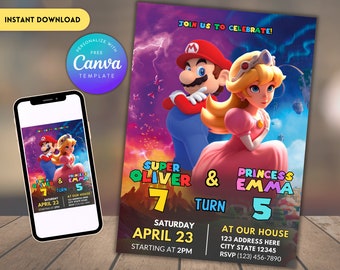 Super Mario Sibling Birthday Invitation | Joint Birthday Invitation | Twin Birthday Invitation | Editable Printable Birthday Invitation