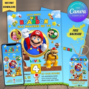 Editable Super Mario Birthday Invitation Printable + Mobile Version and Thank You tag Mario bros Party Invitation Temple Super Mario Invite