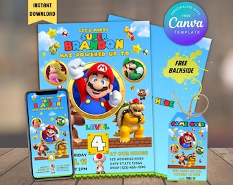 Faire-part d'anniversaire Super Mario : modèle imprimable modifiable (téléchargement numérique)