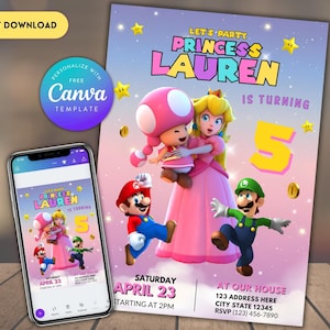 Princess Peach Birthday Invitation: Girls Mario Party (Digital Template)