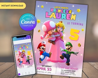 Invitación de cumpleaños de la Princesa Peach: Fiesta de Mario para niñas (Plantilla digital)