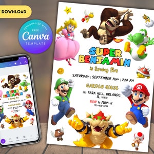 Invitation d'anniversaire Super Mario | Invitation d’anniversaire imprimable modifiable | Invitation d’anniversaire de Luigi | Modèle d'anniversaire d'invitation Mario Bros