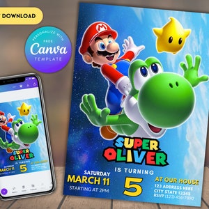 Invitation d'anniversaire de Super Mario | faire-part d'anniversaire | Invitation Super Mario | Modèle d'anniversaire imprimable imprimable pour faire-part de Mario