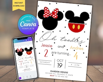 Mickey and Minnie Siblings Birthday Invitation: Editable Canva Template (Digital Download)