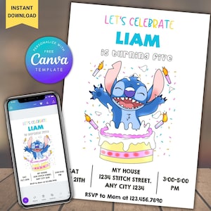 Bearbeitbare Stitch-Geburtstagsfeier-Einladungsvorlage, Cartoon-Geburtstags-Einladung, Stitch-Geburtstags-pool-Partyeinladung, Stitch Bday evite