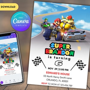 Invitation d'anniversaire de Super Mario | faire-part d'anniversaire | Invitation Super Mario | Modèle d'anniversaire imprimable imprimable pour faire-part de Mario