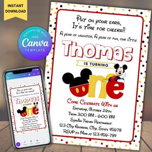 Convite editável para festa de 1º aniversário do Mickey Mouse, convite para festa de 1º aniversário, convite para primeiro aniversário de menino, convite digital para primeiro aniversário