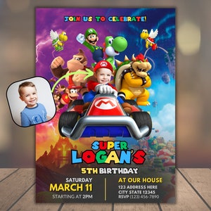 Super Mario-verjaardagsuitnodiging met foto, Mario Bros Birthday Photo Invitaion, Super Brothers Boy Invite, afdrukbare verjaardagsuitnodiging