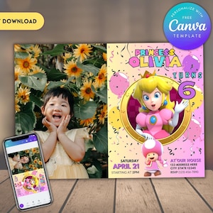 Princess Peach Birthday Invitation: Photo, Editable Canva Template (Digital)