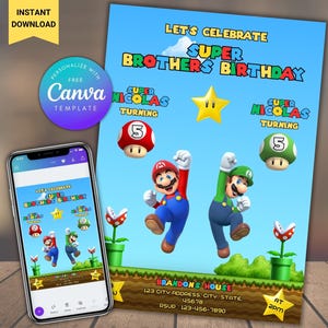 Bewerkbare Super Mario-verjaardagsuitnodiging voor broer of zus gezamenlijke Mario-feestuitnodiging Mario Twin-verjaardagsuitnodiging, digitale Mario-verjaardagsuitnodiging