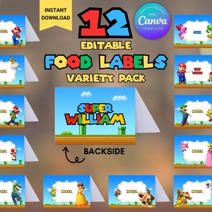 Étiquettes de nourriture de fête d'anniversaire de tente de nourriture de Super Mario modifiables téléchargement numérique instantané, tentes de nourriture d'anniversaire imprimables, tente de nourriture de Mario Bros