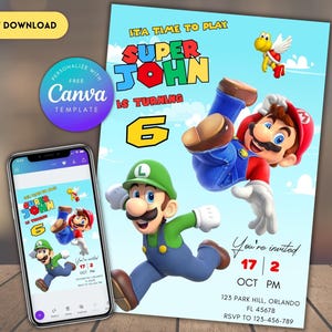 編集可能なスーパーマリオ誕生日招待状 マリオブラザーズデジタル招待状誕生日テンプレート スーパーマリオ招待誕生日招待状印刷可能