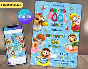 Super Mario Birthday Invitation, Birthday Invitation, Mario waterslide Invitation, Editable Printable Mario Birthday Pool Party Invitation