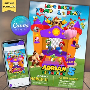 Edytowalne zaproszenie na imprezę urodzinową Super Mario Bounce House Let's Jump Party Mario Bros Digital Invitation Super Mario Birthday Invite