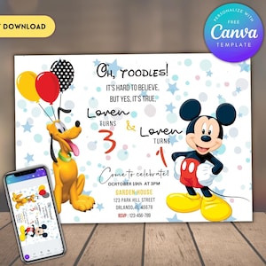 Bearbeitbare Mickey und Pluto Geschwister-Geburtstagsfeier-Einladung, Dual-Geburtstagseinladung, Gemeinsame Geburtstagseinladung, Zwillinge-Geburtstagseinladung