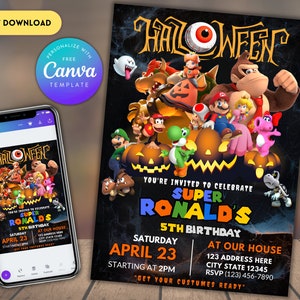 編集可能なスーパーマリオハロウィーン誕生日パーティー招待状、マリオブラザーズの即時ダウンロード、スーパーブラザーズボーイ誕生日招待状の印刷と共有