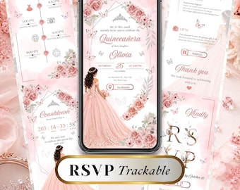 Pink Quinceañera Invitation Website Template, Editable Canva Sweet 15 Invite, RSVP Trackable Digital Invitation, quin15