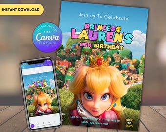 Invitación de cumpleaños de la Princesa Peach: Fiesta de Mario para niñas (Plantilla digital)