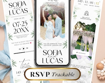 Animated Wedding Invitation Video with RSVP, Editable Wedding Website Canva Template, Elegant Greenery Digital Invite, Trackable RSVP, wd111