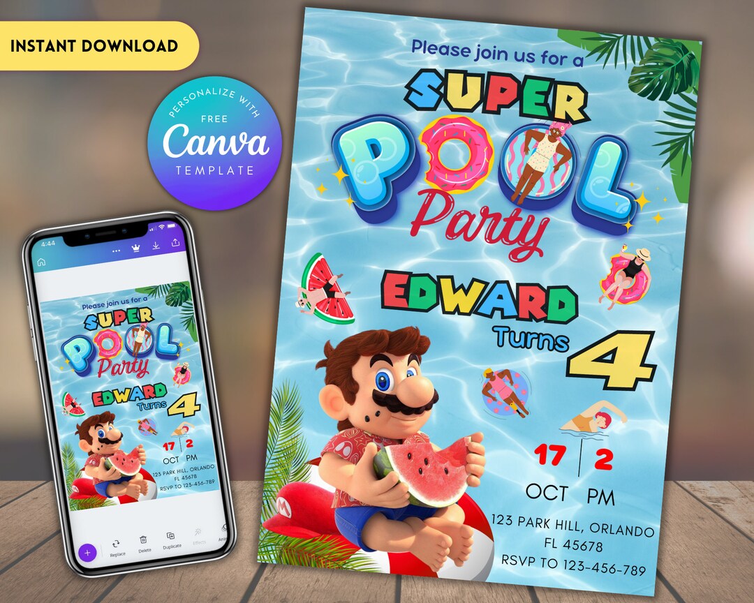 Super Mario Birthday Invitation, Birthday Invitation, Mario Waterslide Invitation, Editable ...