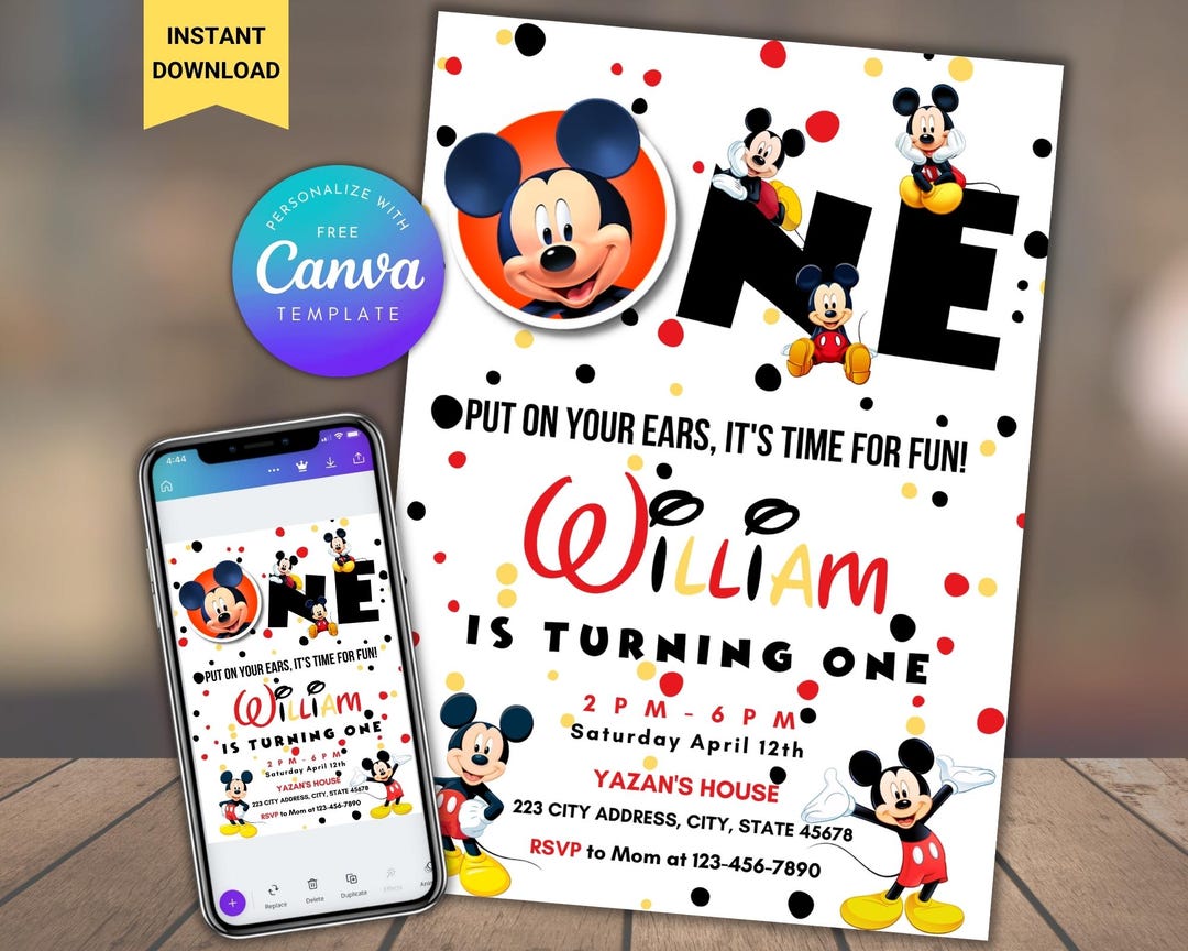 Mickey Mouse 1st Birthday Invitation, Editable Digital Invite (canva ...