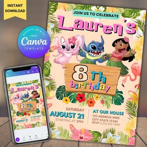 Editable Lilo and Stitch Birthday Invitation Template, Cartoon Birthday Invitation, Stitch Birthday pool Party Invitation, Stitch Bday evite