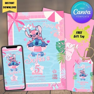 Invito di compleanno modificabile Stitch e Angel + tag di ringraziamento, invito di compleanno dei cartoni animati, invito per festa in piscina di compleanno Stitch, festa in piscina