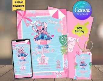 Stitch Birthday Pool Party Invitation + Thank You Tag (Digital Template)