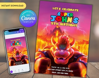 Bowser Birthday Invitation: Super Mario Party, Editable Canva Template (Digital Download)