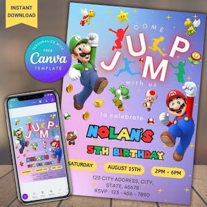 編集可能なスーパーマリオ誕生日ジャンプパーティー招待状レッツジャンプパーティーマリオブラザーズデジタル招待状スーパーマリオ誕生日招待状