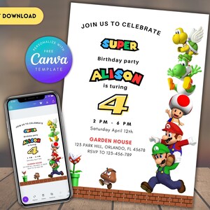 編集可能なスーパーマリオ誕生日招待状 マリオブラザーズデジタル招待状誕生日テンプレート スーパーマリオ招待誕生日招待状印刷可能