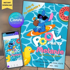 Editable Stitch Pool Party Birthday Invitation Template, Cartoon Birthday Invitation, Stitch Birthday pool Party Invite, Stitch Bday evite