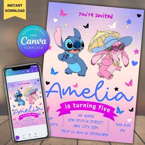 Editable Stitch and angel Birthday Invitation Template, Cartoon Birthday Invitation, Stitch Birthday pool Party Invite, Stitch Bday evite
