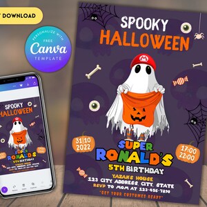 編集可能なスーパーマリオハロウィーン誕生日招待状 | マリオブラザーズインスタントダウンロード | スーパーブラザーズボーイ招待 | 印刷可能な誕生日招待状