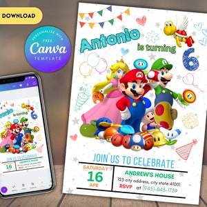 Invitation d'anniversaire de Super Mario | Faire-part d'anniversaire imprimable modifiable | Faire-part d'anniversaire de Luigi | Modèle d'invitation d'anniversaire de Mario Bros