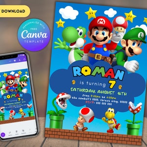 Zaproszenie urodzinowe Super Mario | Edytowalne zaproszenie urodzinowe do druku | Zaproszenie urodzinowe Luigi | Szablon zaproszenia urodzinowego Mario Bros