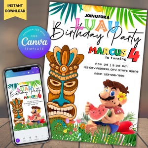 Invitation d'anniversaire modifiable Super Mario Luau Pool Party Invitation de fête d'anniversaire de Mario Aloha Téléchargement instantané, Invitation d'anniversaire de Mario