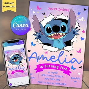 Editable Stitch Birthday Party Invitation Template, Cartoon Birthday Invitation, Stitch Birthday pool Party Invitation, Stitch Bday evite