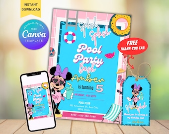 Minnie Mouse Pool Party Invitation: Editable Canva Template (Digital Download)