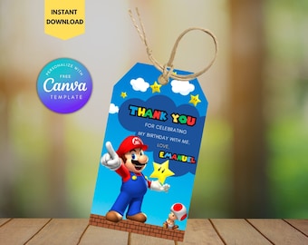Editable Super Mario Birthday Thank You Tag (Canva Template)