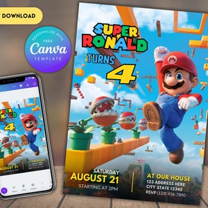 Invitation d'anniversaire Super Mario | Invitation d'anniversaire | Invitation Super Mario | Modèle d'anniversaire d'invitation Mario imprimable modifiable