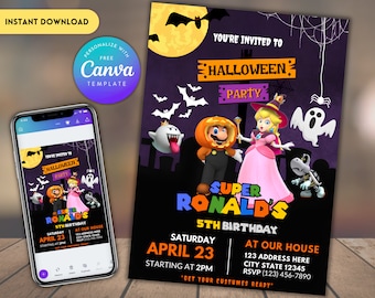 Super Mario Halloween Birthday Invitation: Editable Canva Template (Digital Download)
