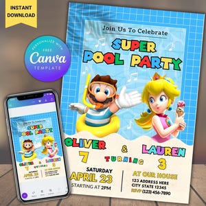 Edytowalne zaproszenie na przyjęcie urodzinowe rodzeństwa Super Mario i Księżniczki Peach na basenie Wspólne zaproszenie na przyjęcie na basenie do pobrania natychmiast, urodziny bliźniaków