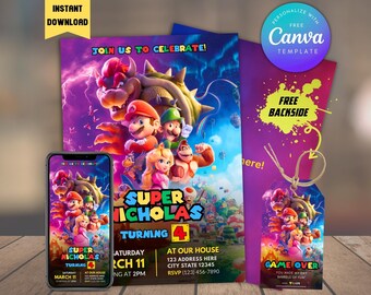Faire-part d'anniversaire Super Mario avec étiquette de remerciement, modèle de toile d'invitation d'anniversaire dessin animé modifiable (téléchargement numérique)