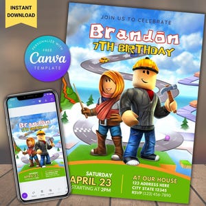 Editable Roblox Birthday Invitation Template Printable Birthday Party Invitations Digital Roblox Party Invitation Digital birthday Card